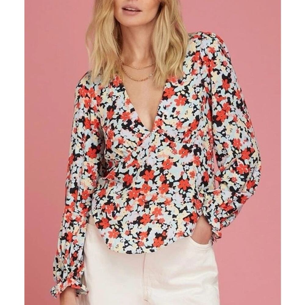 NWT Omnes Floral V-Neck Blouse Size 14 Cottage Boho Romantic Artsy Floral Garden